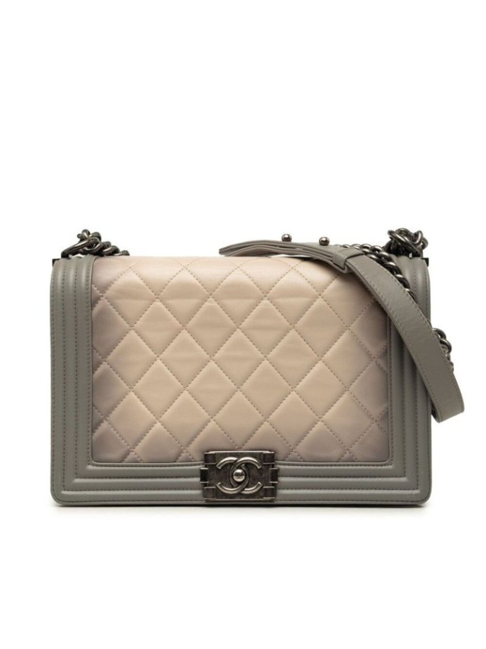 Chanel CC Logo Boy Quilted Chain Shoulder Bag Gray Beige Lambskin